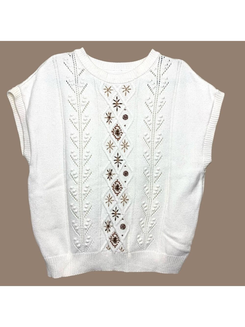 White Cream Knit Sweater Short Sleeve Sz M Brown Floral Embroider Minimalist